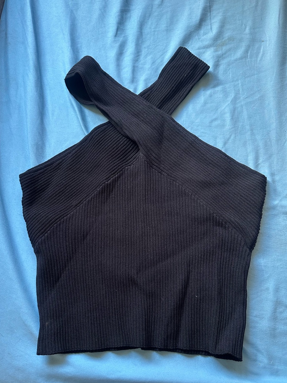 Topshop Black Ribbed Crossover Halter Crop Tank